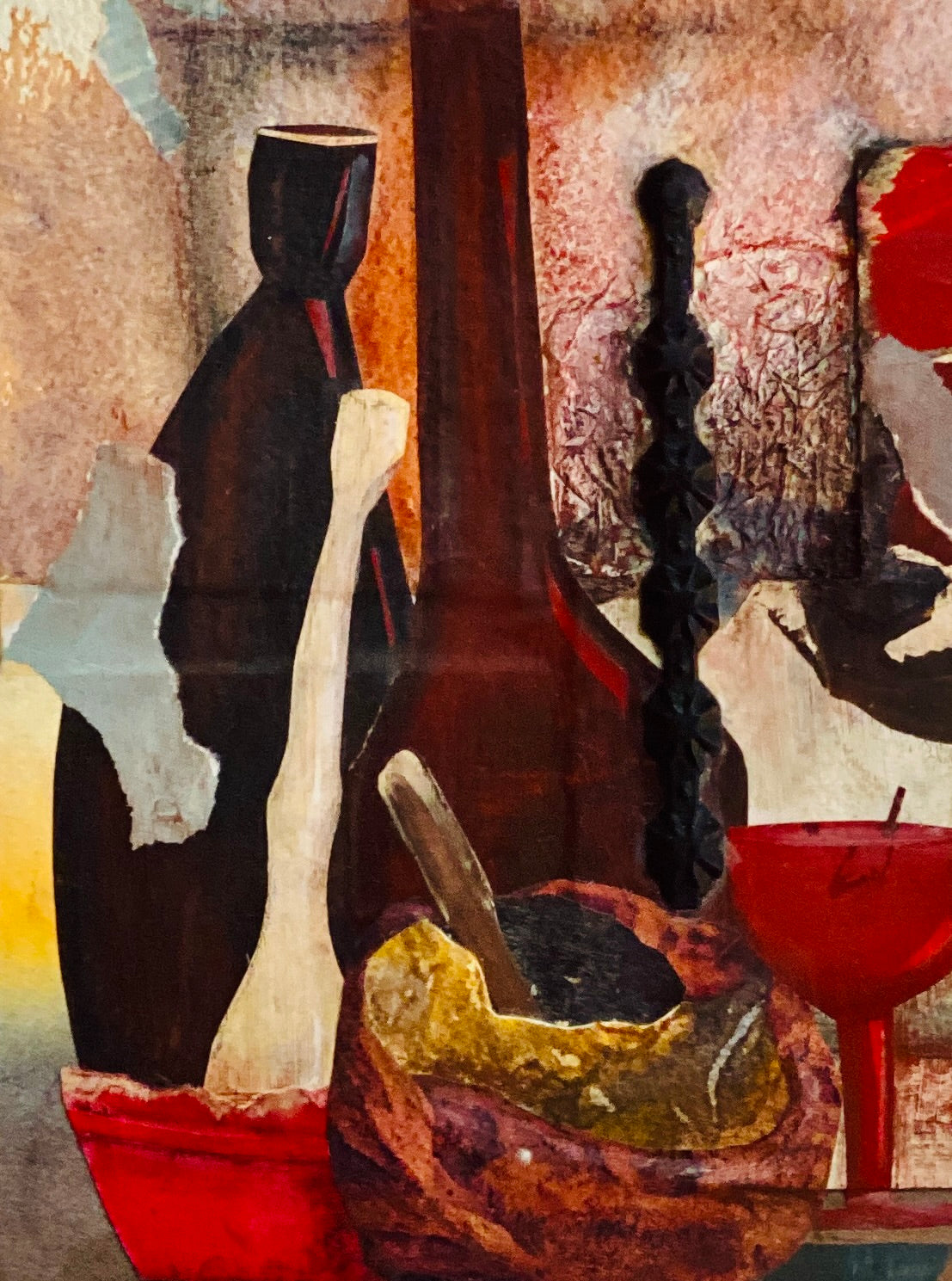 "9075" 1980s Signed Mixed Media Collage by Freda Barrett. Framed w/ Glass