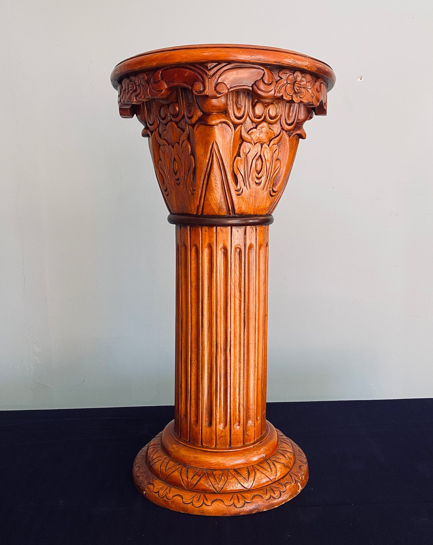 Vintage Wood Column Pedestal with Marble Inlay