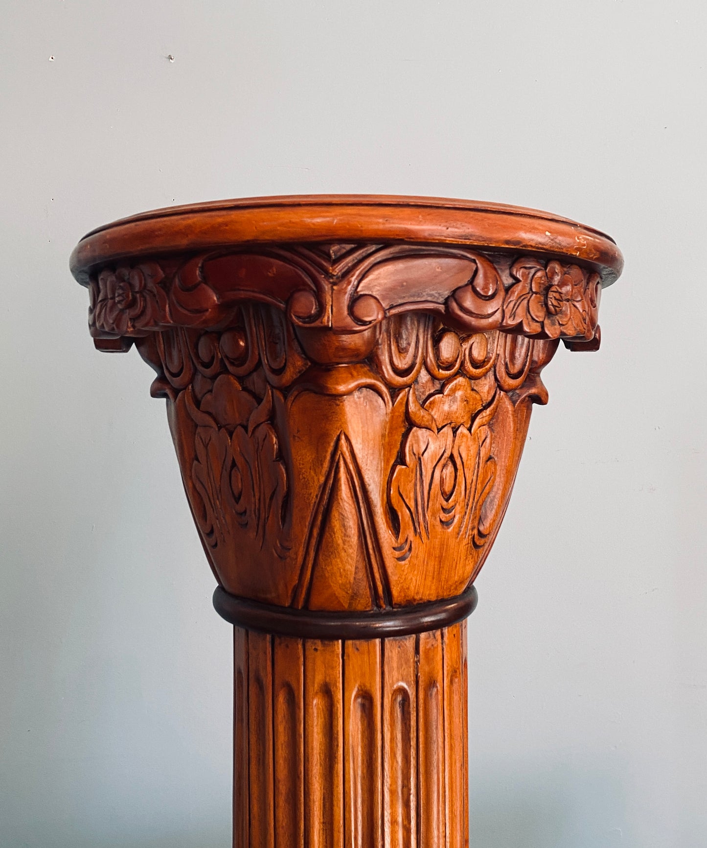 Vintage Wood Column Pedestal with Marble Inlay