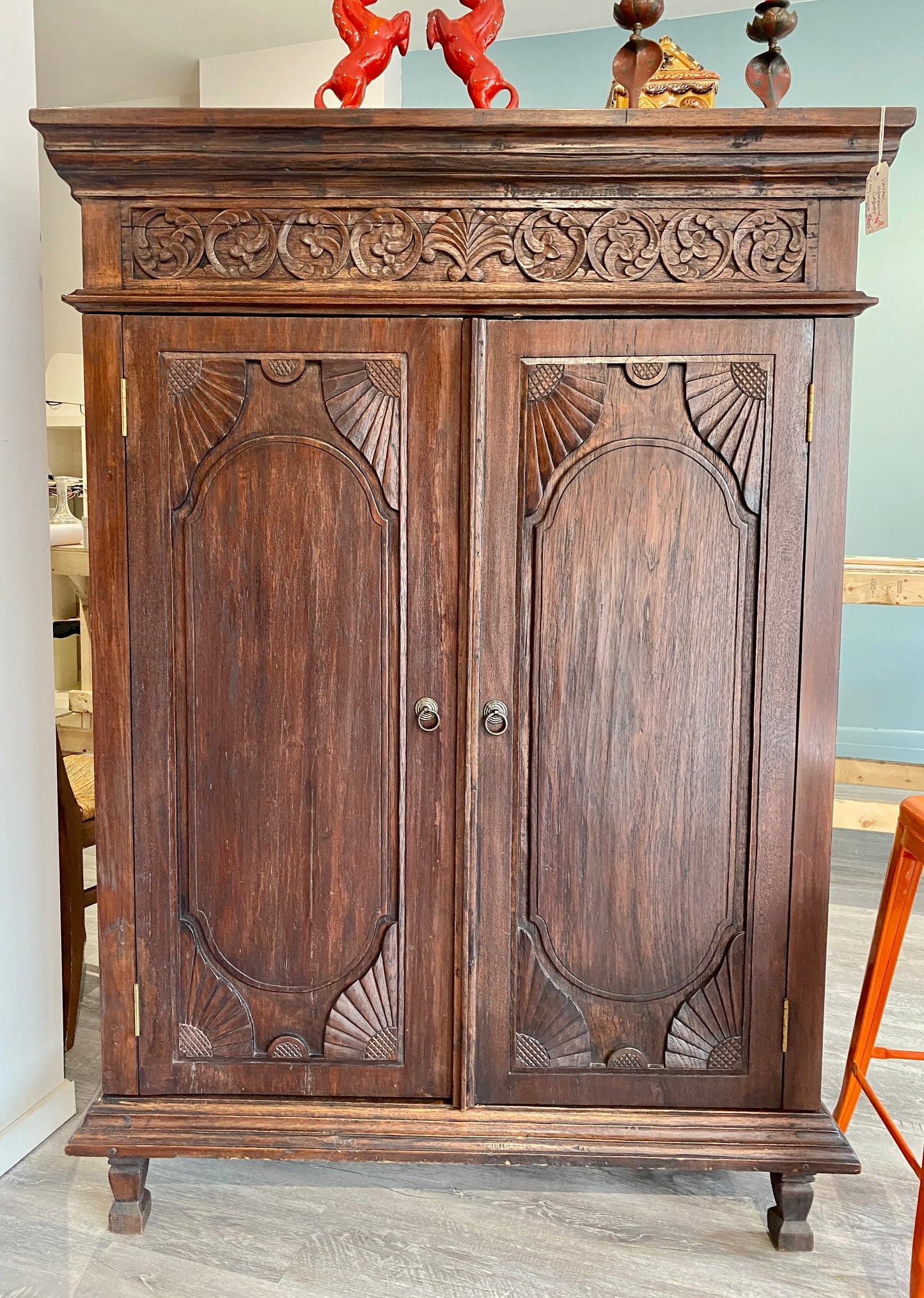 Vintage Indonesian Hand-Carved Mahogany Cabinet