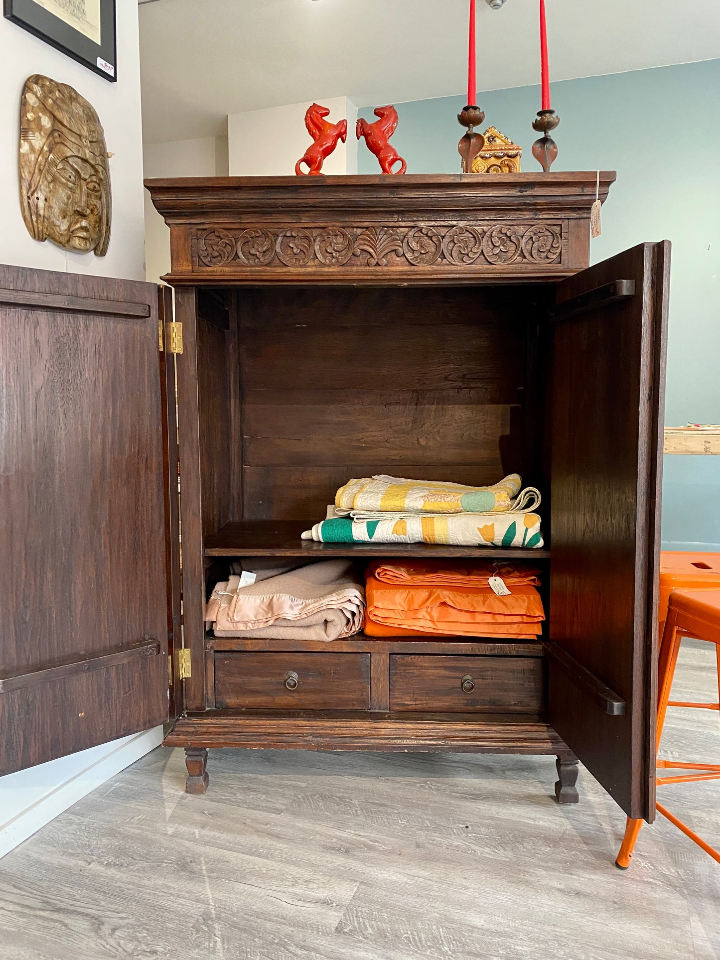 Vintage Indonesian Hand-Carved Mahogany Cabinet