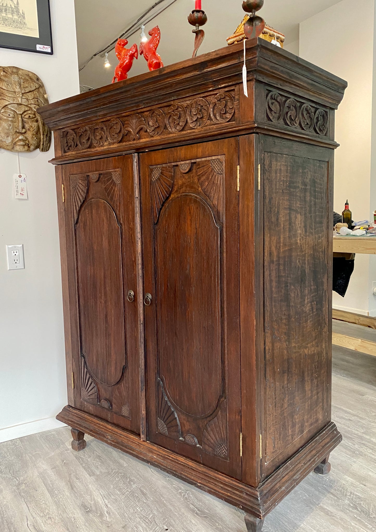 Vintage Indonesian Hand-Carved Mahogany Cabinet