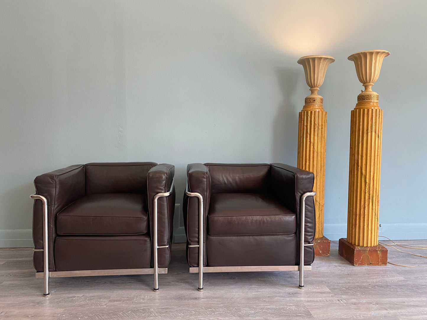 Replica Corbusier LC2 Chairs Chocolate Brown Leather Found at Studio Maxxima.
