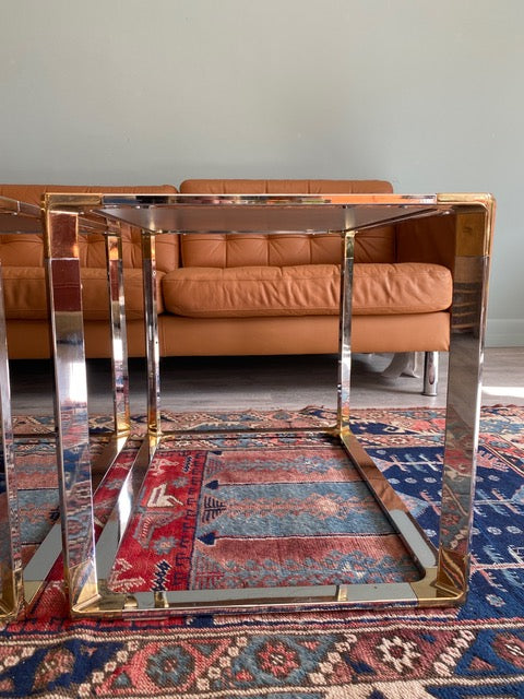 Vintage 80s Chrome & Brass Side Tables With Mirrored Surfaces Studio Maxxima